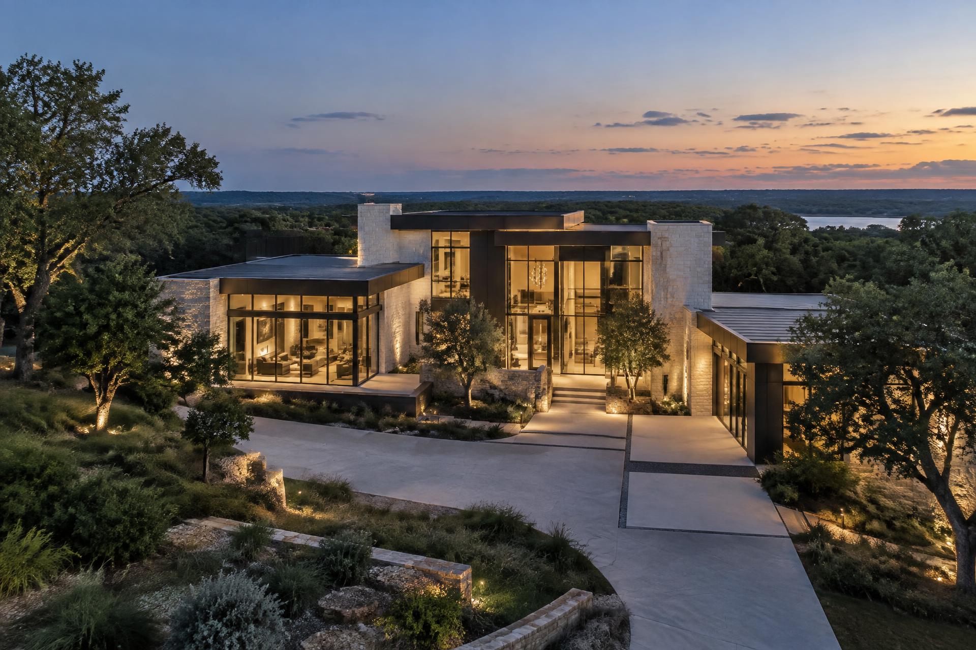 Modern North Texas home with expansive black-framed windows